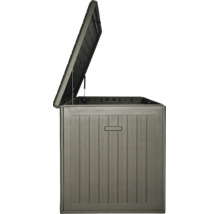 Coffre de rangement de jardin en plastique aspect bois avec couvercle ouvert et vérins à gaz.