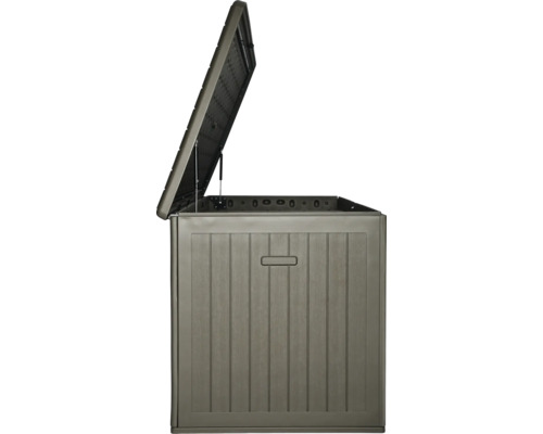 Coffre de rangement de jardin en plastique aspect bois avec couvercle ouvert et vérins à gaz.