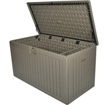 Coffre de jardin en plastique avec couvercle ouvert et vérins à gaz pour coussins.