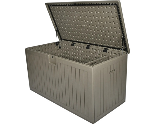 Coffre de jardin en plastique avec couvercle ouvert et vérins à gaz pour coussins.