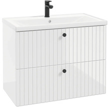 Waschtischunterschrank mit Waschbecken, zwei Schubladen mit gerillter Front, runden Knäufen und schwarzer Armatur.