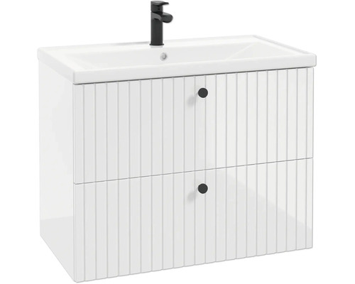 Waschtischunterschrank mit Waschbecken, zwei Schubladen mit gerillter Front, runden Knäufen und schwarzer Armatur.