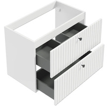 Waschtischunterschrank in Weiss mit zwei Schubladen in geriffelter Optik und kleinen schwarzen Knöpfen, leicht geöffnet.