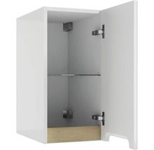 Weisser Bad-Hängeschrank mit geöffneter Tür, einem Glaseinlegeboden und einer Holzoptik-Leiste unten.