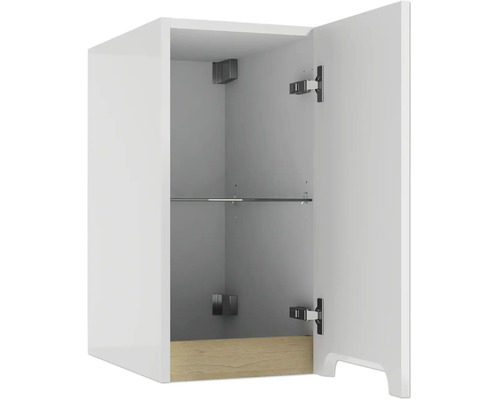 Weisser Bad-Hängeschrank mit geöffneter Tür, einem Glaseinlegeboden und einer Holzoptik-Leiste unten.