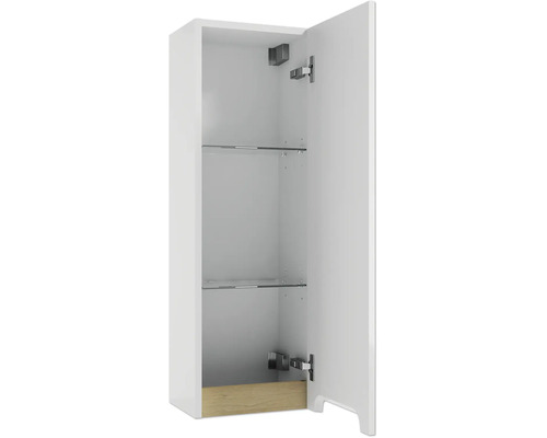 Weisser Badezimmer-Seitenschrank mit geöffneter Tür, zwei Glasböden und Holzdekor unten.