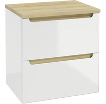 Waschtischunterschrank in Weiss mit zwei Schubladen und einer hölzernen Deckplatte.