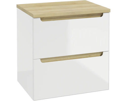 Waschtischunterschrank in Weiss mit zwei Schubladen und einer hölzernen Deckplatte.