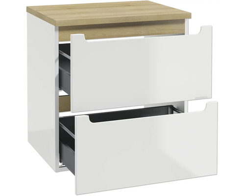 Hängender Waschtischunterschrank in Weiss mit Holzoptik-Abdeckplatte und zwei geöffneten Schubladen.