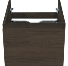 Meuble sous-lavabo en bois foncé avec un tiroir et des ferrures métalliques.