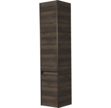 Armoire haute de salle de bain en décor bois foncé avec deux portes et poignée intégrée.