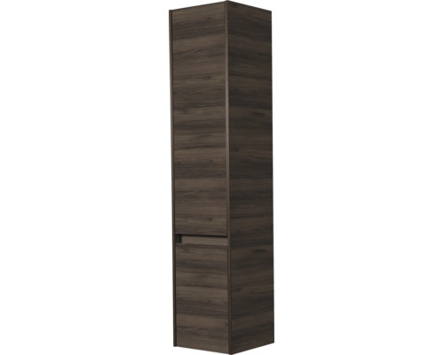 Armoire haute de salle de bain en décor bois foncé avec deux portes et poignée intégrée.