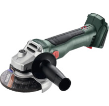 Metabo Akku-Winkelschleifer mit bürstenlosem Motor, Seitengriff und Schutzhaube.