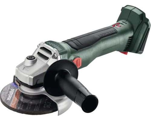 Metabo Akku-Winkelschleifer mit bürstenlosem Motor, Seitengriff und Schutzhaube.