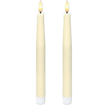 Zwei cremefarbene LED-Stabkerzen mit realistisch wirkender Flamme und geriffeltem Fuss.