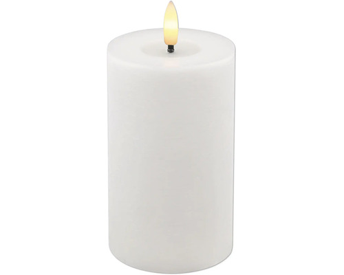Bougie LED cylindrique blanche avec flamme artificielle.