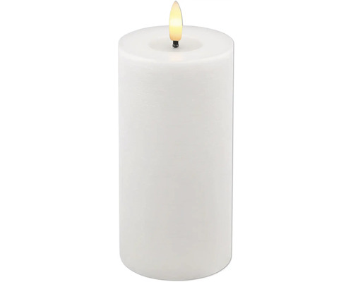Bougie pilier LED blanche avec flamme artificielle.