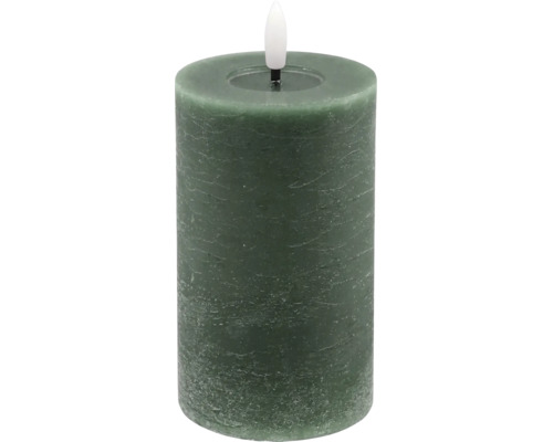 Bougie LED cylindrique verte avec surface texturée et flamme LED.