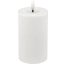 Bougie pilier LED blanche avec ampoule en forme de flamme.