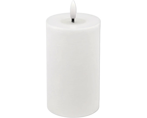 Bougie pilier LED blanche avec ampoule en forme de flamme.