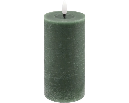 Bougie pilier à LED vert foncé avec surface rustique et flamme artificielle.