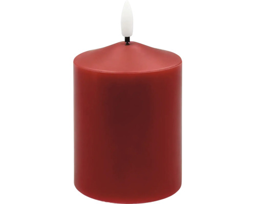 Rote LED-Stumpenkerze mit weißer Flammennachbildung aus Kunststoff.
