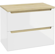 Waschtischunterschrank in Weiss Hochglanz mit zwei Schubladen und Abdeckplatte sowie Griffmulden in heller Holzoptik.