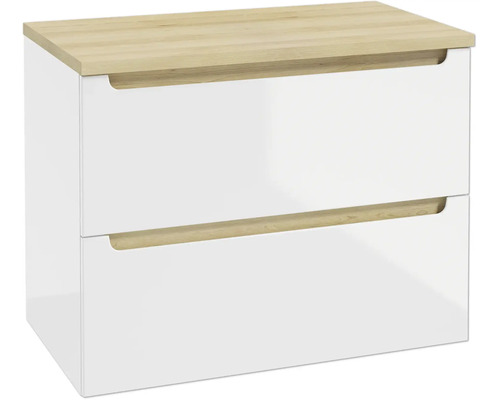 Waschtischunterschrank in Weiss Hochglanz mit zwei Schubladen und Abdeckplatte sowie Griffmulden in heller Holzoptik.