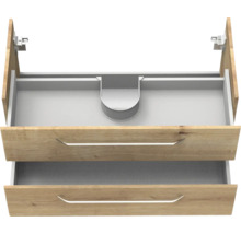 Meuble sous-lavabo avec deux tiroirs, tiroir supérieur avec découpe pour siphon, poignées métalliques, décor bois.