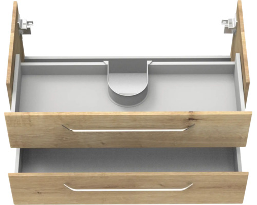Meuble sous-lavabo avec deux tiroirs, tiroir supérieur avec découpe pour siphon, poignées métalliques, décor bois.