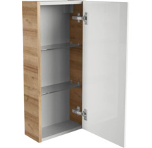 Armoire murale de salle de bain avec porte ouverte, corps aspect chêne, façade blanche, deux étagères.