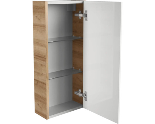 Armoire murale de salle de bain avec porte ouverte, corps aspect chêne, façade blanche, deux étagères.