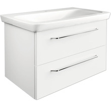 Weisser Waschbeckenunterschrank mit zwei Schubladen und integriertem Waschbecken.