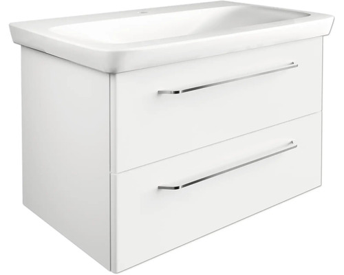 Weisser Waschbeckenunterschrank mit zwei Schubladen und integriertem Waschbecken.