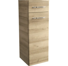 Meuble bas de salle de bains aspect bois avec un tiroir, une porte et des poignées en métal.