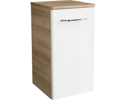 Badezimmerunterschrank mit Korpus in Eichenoptik, weisser Front und Metallgriff.