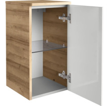 Armoire murale de salle de bain aspect bois avec une étagère en verre et porte blanche ouverte.
