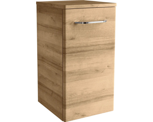 Badunterschrank in Eichenoptik mit einem Metallgriff und abgerundeten Kanten.