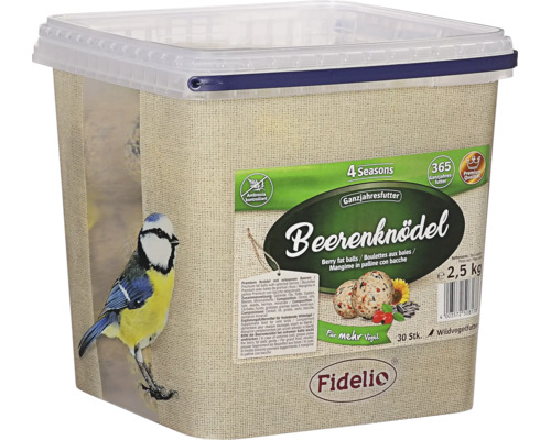 Fidelio Beerenknödel für Wildvögel, ambrosia-kontrolliertes Ganzjahresfutter im 2,5 Kilogramm Kunststoffeimer, 30 Stück.