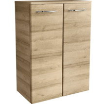 Armoire à deux portes en aspect bois avec poignées argentées.
