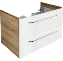 Waschtischunterschrank mit zwei Schubladen, weiße Fronten, Korpus in Eichenoptik und langen Metallgriffen.