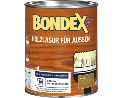 Bondex Holzlasur für aussen im Farbton Eiche, extrem wetterbeständig, geeignet für Zäune, Sichtblenden und Balkone.
