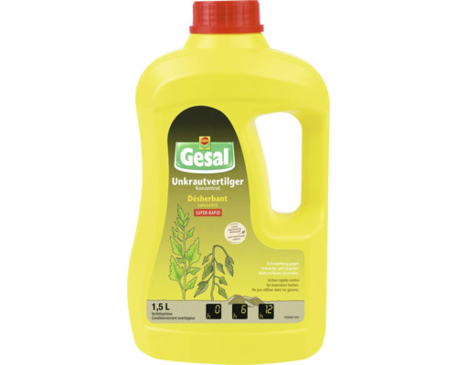Gesal Unkrautvertilger Konzentrat Super-Rapid, gelbe 1,5 Liter Kunststoffflasche zur effektiven Unkrautbekämpfung.