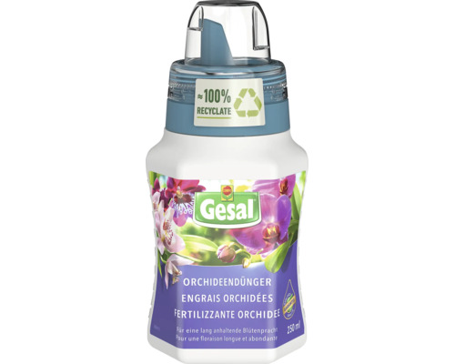 Engrais pour orchidées Gesal 250 millilitres pour une floraison durable dans une bouteille composée de circa 100 pour cent de recyclat.