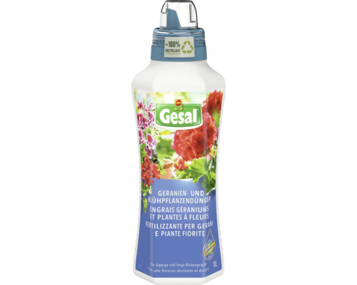 Gesal Geranien- und Blühpflanzendünger in einer 1 Liter Flasche aus circa 100 Prozent Rezyklat mit Qualitätsgarantie.