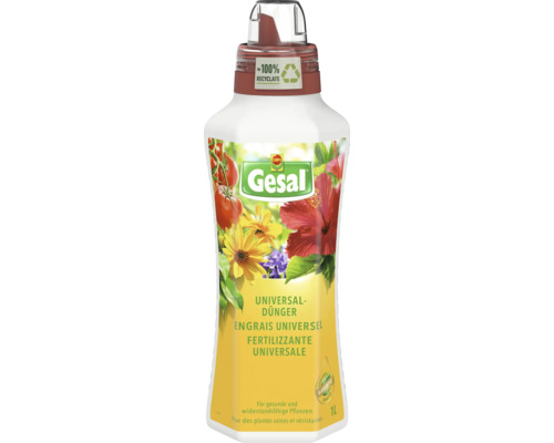 Gesal Universal-Dünger in einer 1 Liter Flasche für gesunde Pflanzen, hergestellt aus circa 100 Prozent Rezyklat.