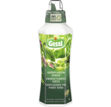 Engrais Gesal pour plantes vertes, 1 litre pour feuillage vigoureux. Bouteille en environ 100 pour cent de recyclat. Gesal Logo et Compo Logo.