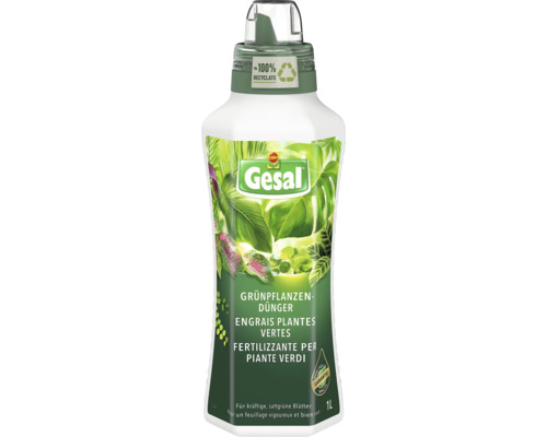 Gesal Grünpflanzen-Dünger in 1 Liter Flasche für kräftige Blätter. Flasche aus circa 100 Prozent Recyclingmaterial. Gesal Logo und Compo Logo.
