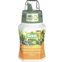 Engrais Gesal pour cactus et bonsaïs, flacon blanc de 250 millilitres avec logo Gesal, emballage en circa 100 pour cent plastique recyclé.