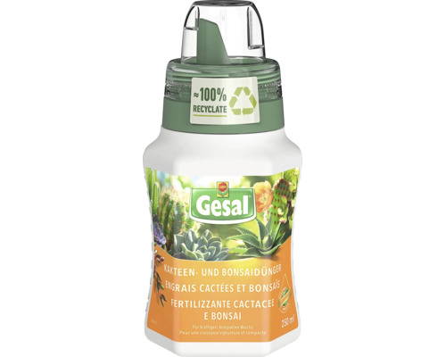 Gesal Kakteen- und Bonsaidünger, weiße 250 Milliliter Flasche mit Gesal Logo, Verpackung aus circa 100 Prozent recyceltem Kunststoff.